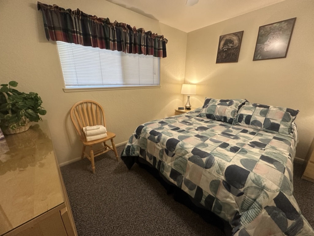 Downstairs queen bedroom with wildlife prints and July 2023 geometric bedding