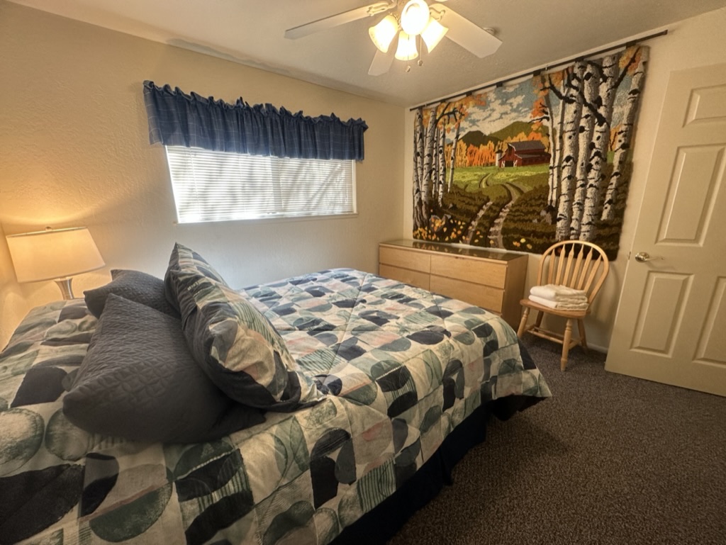 Second downstairs queen bedroom with July 2023 geometric bedding